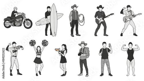 Diverse group of stylized people icons representing various hobbies sports and modern lifestyles in black and white