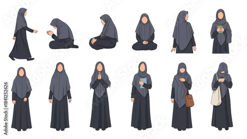 Versatile Muslim woman character set showing various daily activities and poses perfect for modern presentations