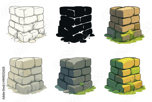 Layered Stone Wall. Ancient wall corner with layered stones and moss tufts catching light, simple grounded composition, first in