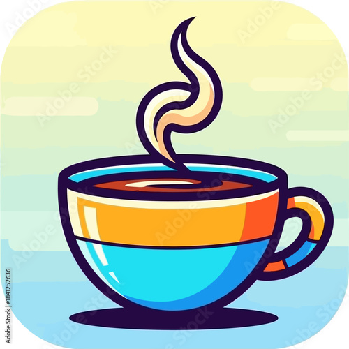 Stylized Coffee Cup Illustration with Rising Steam and Vibrant Colors.
