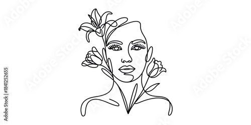 Minimalist one line drawing of woman face with flowers