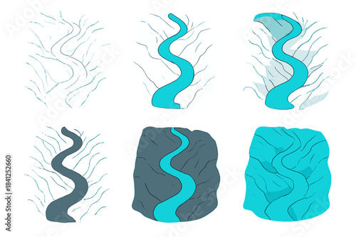Glacial Canyon Aerial. Glacial canyon with twisting turquoise channel viewed from above, minimalist topographic flow map aesthetic