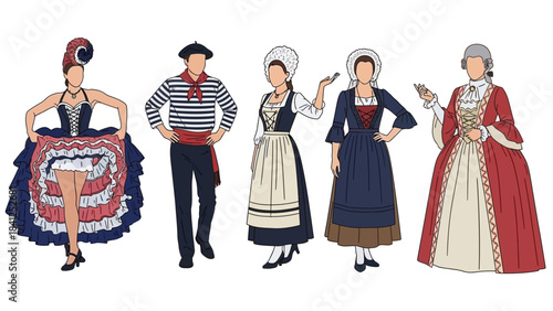 Vibrant collection of five distinct French traditional costume characters representing history and culture beautifully