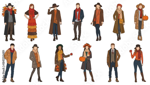 Stunning collection of diverse people showcasing elegant, warm autumn fashion style outfits for fall season promotions