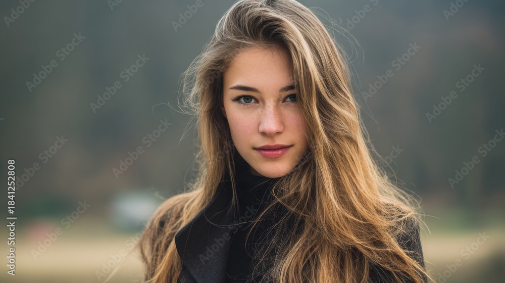 Naklejka premium Beautiful young woman with long hair standing outdoors in soft light, showcasing natural beauty and serene expression against a blurred background