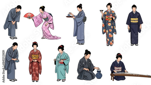 Diverse group of elegantly dressed people performing traditional Japanese customs like bowing and tea ceremony