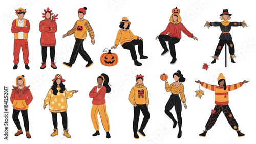 Charming collection of diverse people celebrating autumn holidays wearing cozy sweaters and pumpkin themes