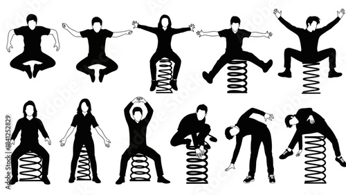 Dynamic silhouettes of energetic people jumping and playing joyfully on classic playground spring riders