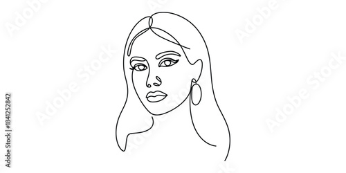 Minimalist continuous line art portrait of a woman with long hair