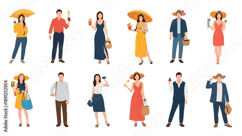 Diverse group of stylish people enjoying summer activities holding drinks accessories and small plants