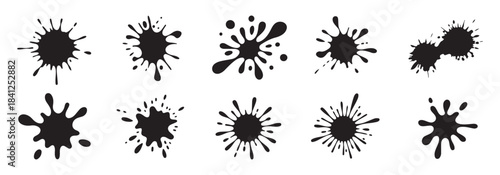 Black ink splash collection. abstract paint splatters. grunge liquid drops. stains set