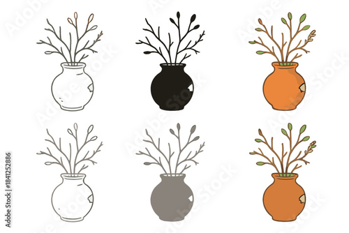 Natural Imperfection Display. Old vase with slight chip and wild branch arrangement, celebrating natural imperfection and