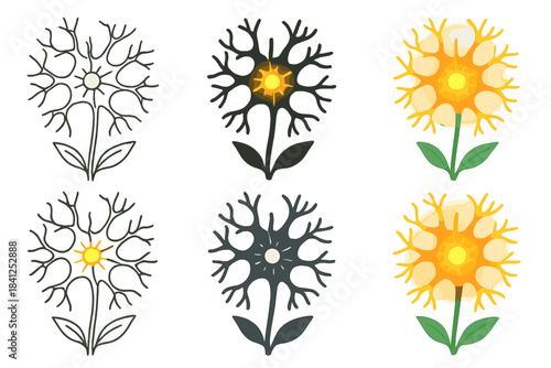 Neural Flower Glow. Close-up of flower with petals shaped like neurons, glowing filaments radiating from its core, minimalist