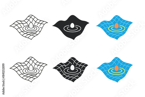 Dynamic Space-Time Art. Curved grid representing space-time fluctuations with particle ripples emerging from energy waves, elegant