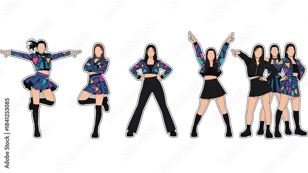 Fototapeta premium Dynamic K-pop dancers strike vibrant poses in stylish geometric outfits, perfect for music, fashion, and performance themes.