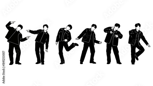 Man in black suit dancing and pointing in various dynamic poses