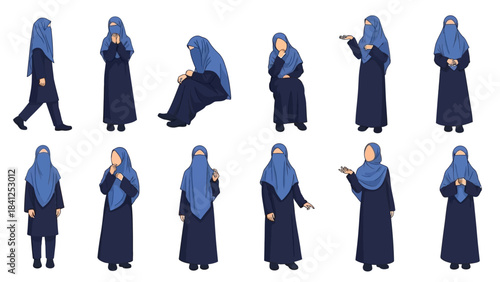 Diverse Muslim women in various poses wearing traditional attire