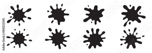 Set of black silhouette ink blotches and paint splatters flat vector icon illustration