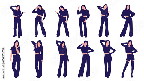 Dynamic collection of stylish women striking confident poses for fashion, dance, or lifestyle content