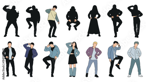 Dynamic group of diverse individuals striking modern poses for fashion, dance, or lifestyle projects