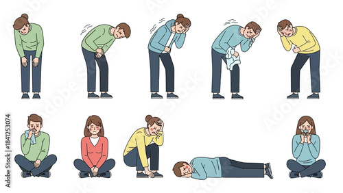 Vulnerable individuals showing various symptoms of illness sickness discomfort and distress from mild to severe states