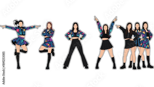 Dynamic K-pop dancers strike vibrant poses in stylish geometric outfits, perfect for music, fashion, and performance themes.