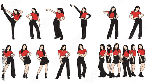 Dynamic group of stylized women showcasing diverse poses and modern fashion for creative projects and marketing campaigns