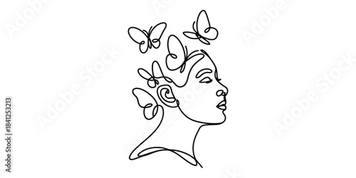 Minimalist one line drawing of womans face with butterflies