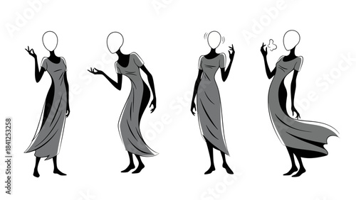 Elegant silhouettes showcase flowing fashion designs in graceful poses, perfect for style inspiration and modern branding.