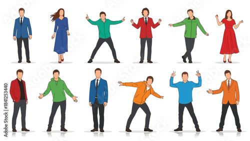 Dynamic collection of diverse people showing various positive gestures and professional stances for modern presentations