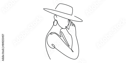Minimalist continuous line art of woman in hat and earring