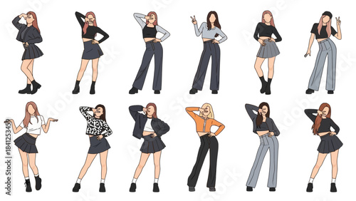Dynamic collection of stylish young women posing in modern Kpop inspired fashion outfits and choreography stances
