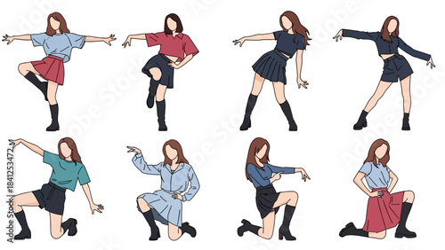 Dynamic set of eight diverse young women performing energetic K-pop or dance poses in modern fashion outfits