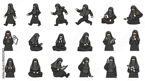 Diverse set of Muslim women wearing niqab engaging in various modern daily activities like walking running and using technology