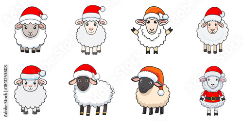 Multiple sheep dressed as Santa Claus vector illustration