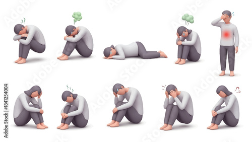 A person experiencing various emotions of sadness and pain in different poses