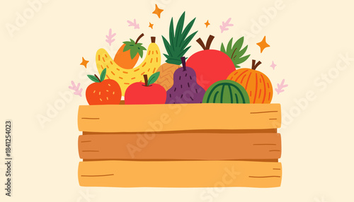 Colorful fruit assortment in wooden crate with decorative touches  
