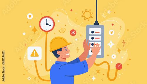 Electrician adjusting control panel with tools in bright background  