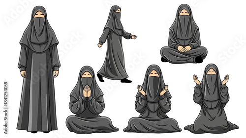 An illustration of a woman wearing a niqab in various poses
