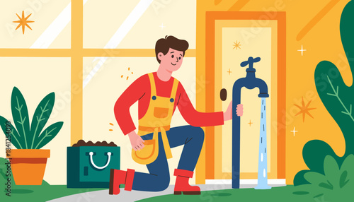 Young male gardener kneeling by water tap with potted plants outdoors  