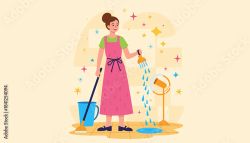 Woman cleaning floor with mop and cleaning supplies in cheerful scene  