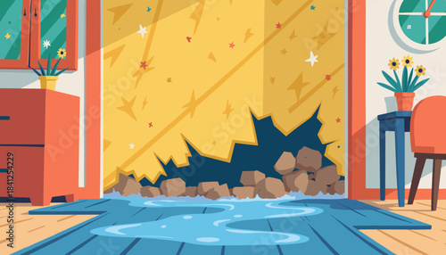 Flood damage with rocks and water on wooden floor indoors  