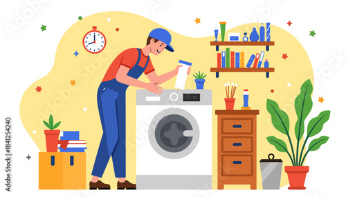 Man doing laundry and cleaning with products in home interior  