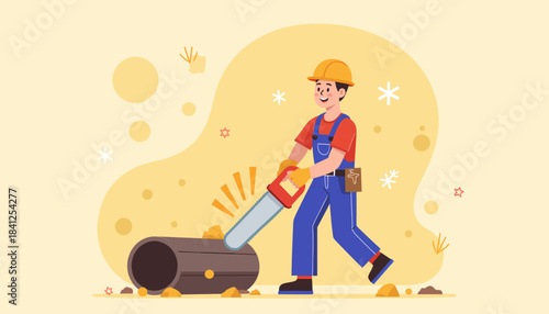 Cartoon lumberjack sawing log with handsaw in playful style  