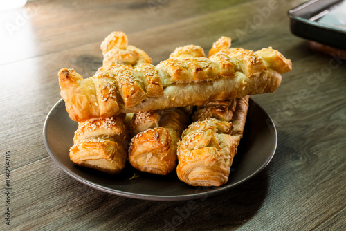 Puff pastry with strawberry jam. Jam-filled pastries. Food concept.