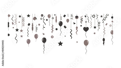 Festive Garland of Celebratory Balloons and Streamers: A delightful array of balloons, streamers, stars, and confetti dance in a visual symphony of festivity.