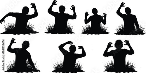 The image shows six silhouetted zombies emerging from the ground.
