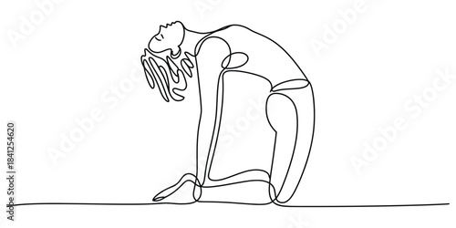 One line drawing of woman doing camel yoga pose white