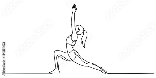 One line drawing of woman doing warrior i yoga pose isolated