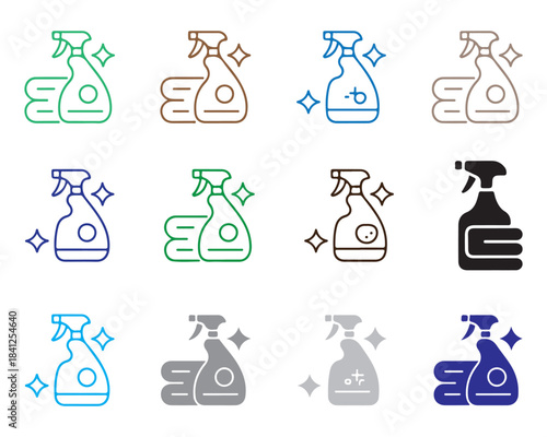 Set of cleaning spray and cloth icons different style and color, vector design elements